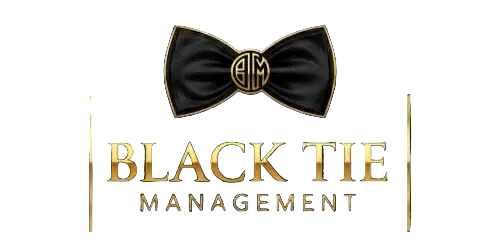 Black tie management logo with a bow tie and monogram on a white background
